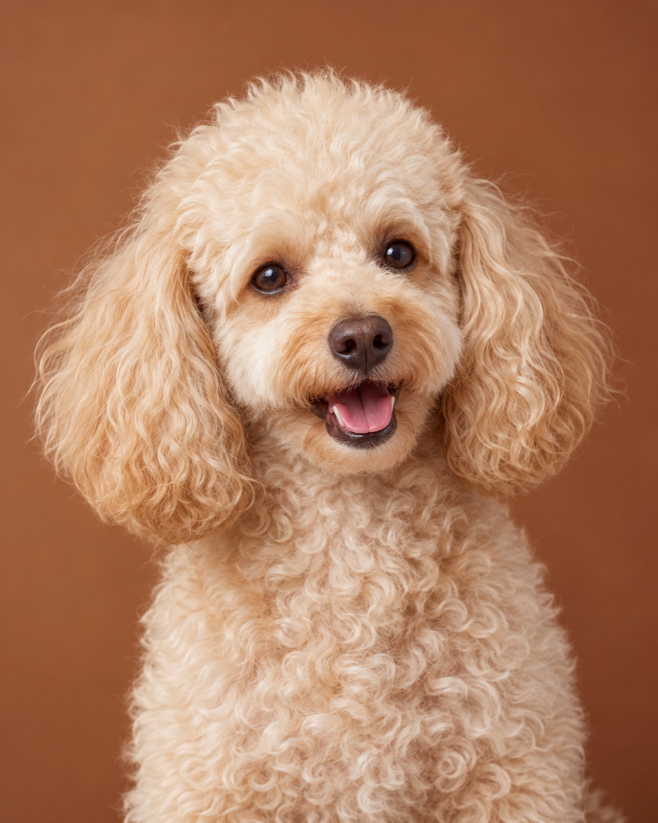 Illustrative cream curly-coated dog with a playful expression